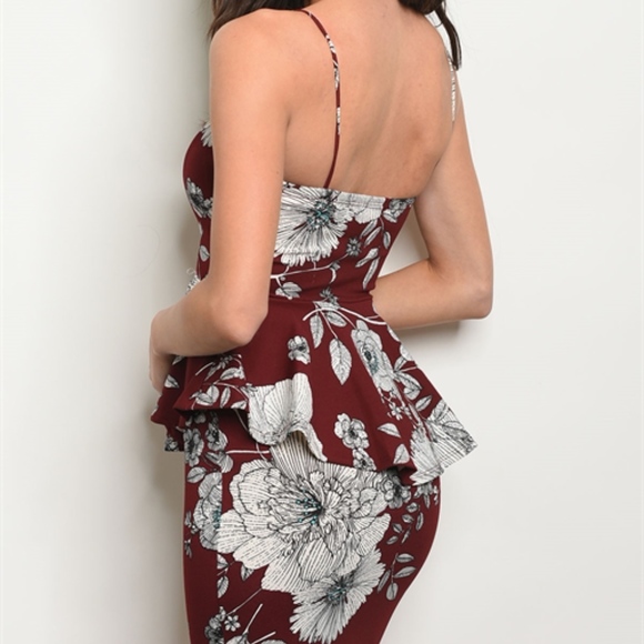 LAST 1! BURGANDY WINE FLORAL PEPLUM DRESS - Picture 4 of 8